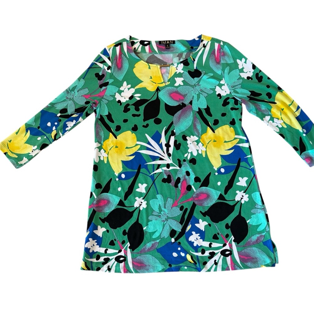 IMAN Global Chic Floral Print Keyhole 3/4 Sleeve Tunic Multicolored Size-Small P